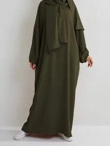 Women's 2-Piece Long Robe Set, Early Spring New Arrival, Elegant Plain Design, Casual Fitted Style, Pure Color Puff Sleeve with Headscarf, Modest Clothes, Muslim Women Gowns, Modesty Muslim Clothing