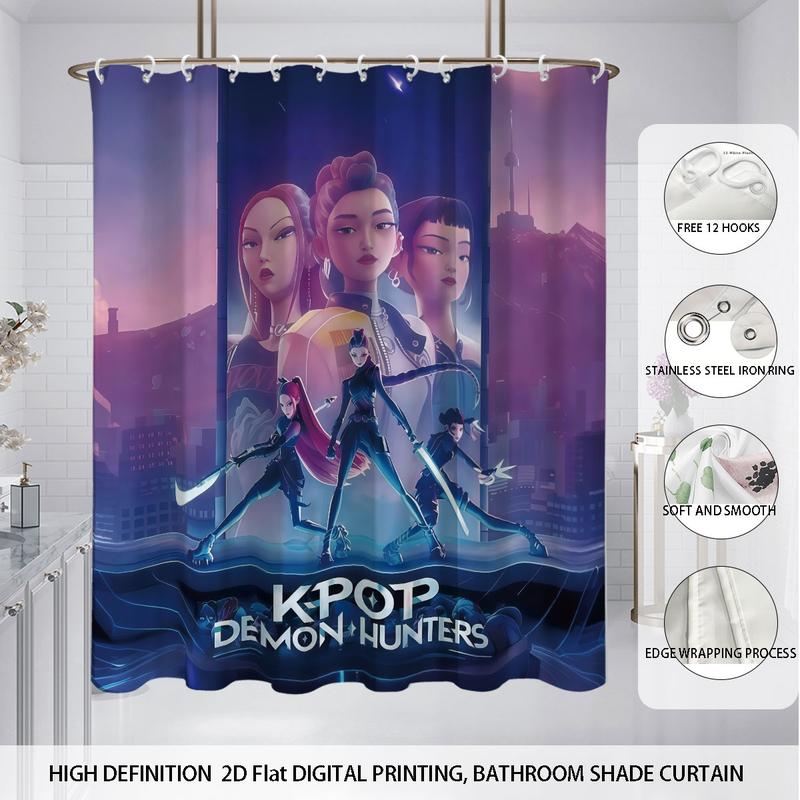 K-Pop Demon Hunters Bathroom Set, Shower Curtain with Hooks, Non-Slip Bath Rug, U-Shaped Toilet Mat, Toilet Lid Cover, Bathroom Decoration Accessories