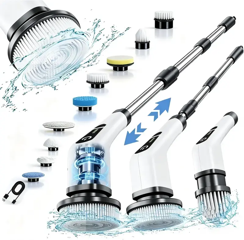 Cordless Rechargeable Electric Spin Scrubber with USB Cable, 9 Replaceable Brush Heads, IPX7 Waterproof, Adjustable Extendable Handle, 5 Speed Modes for Bathrooms, Households Cleaning
