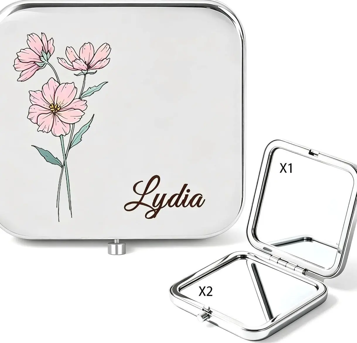 Custom Compact Travel Mirror with Birth Flower & Name, 2x/1x Magnifying Portable Mirror, Small Cosmetic Makeup Mirror Personalized Gift for Bridesmaid, Mother, Graduation, Nurse