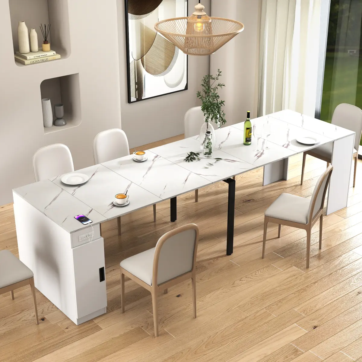 Modern Multifunctional Extendable Folding Dining Table with Outlet, Storage, 118.11" Long Extension, 23.62" Wide Fold for Family Reunions, Office Meetings