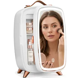 Electactic 6L Mini Beauty Fridge for Skincare – Compact Size Fits Vanity Desk – LED Mirror Door with Adjustable Brightness – Top Leather Handle – Cools 15–17℃ Below Ambient