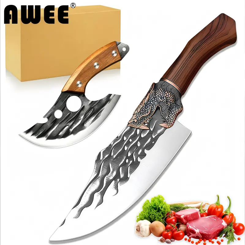 Longquan Forged Cleaver Set 11.2in Handmade Boning Knife, Viking Japanese Chef Knife for Home Camping BBQ, Perfect Father's Day Gift