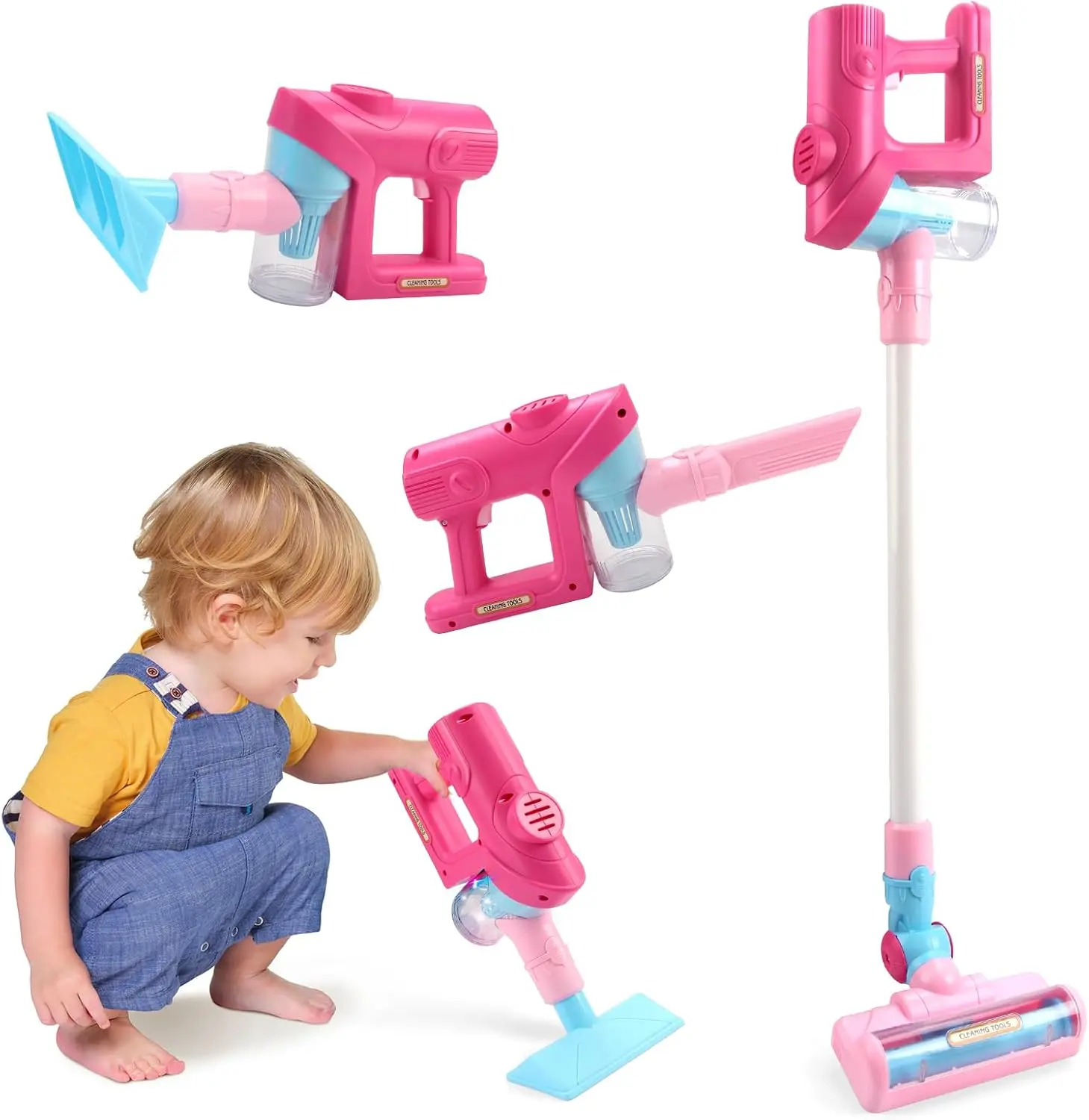 4-in-1 Kids Plastic Vacuum Toy Set with Suction, Lights, Music - Pretend Play Cleaning Tools for Toddlers, Ideal Gift for Girls