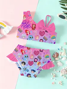 Girls' two-piece swimsuit "Pink-Purple Gradient Cute Style" features all-over printed cartoon patterns and a large bow design, enhances summer pool or beach outfits, Ruffle Swimsuits, Swimwear Bathing Suit