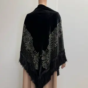 Black Velvet Rhinestoned Shawl With Tassels