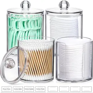 4 Pack Acrylic Qtip Holder Dispenser Bathroom Organizer Clear Canister Set with Lids and Labels for Cotton Swabs Pads Makeup Vanity Storage