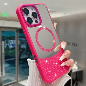 For Magsafe Makeup Mirror Case For iPhone 13 14 15 16 Pro Max Plus Glitter Diamonds Magnetic Soft Silicone Bumper Cover