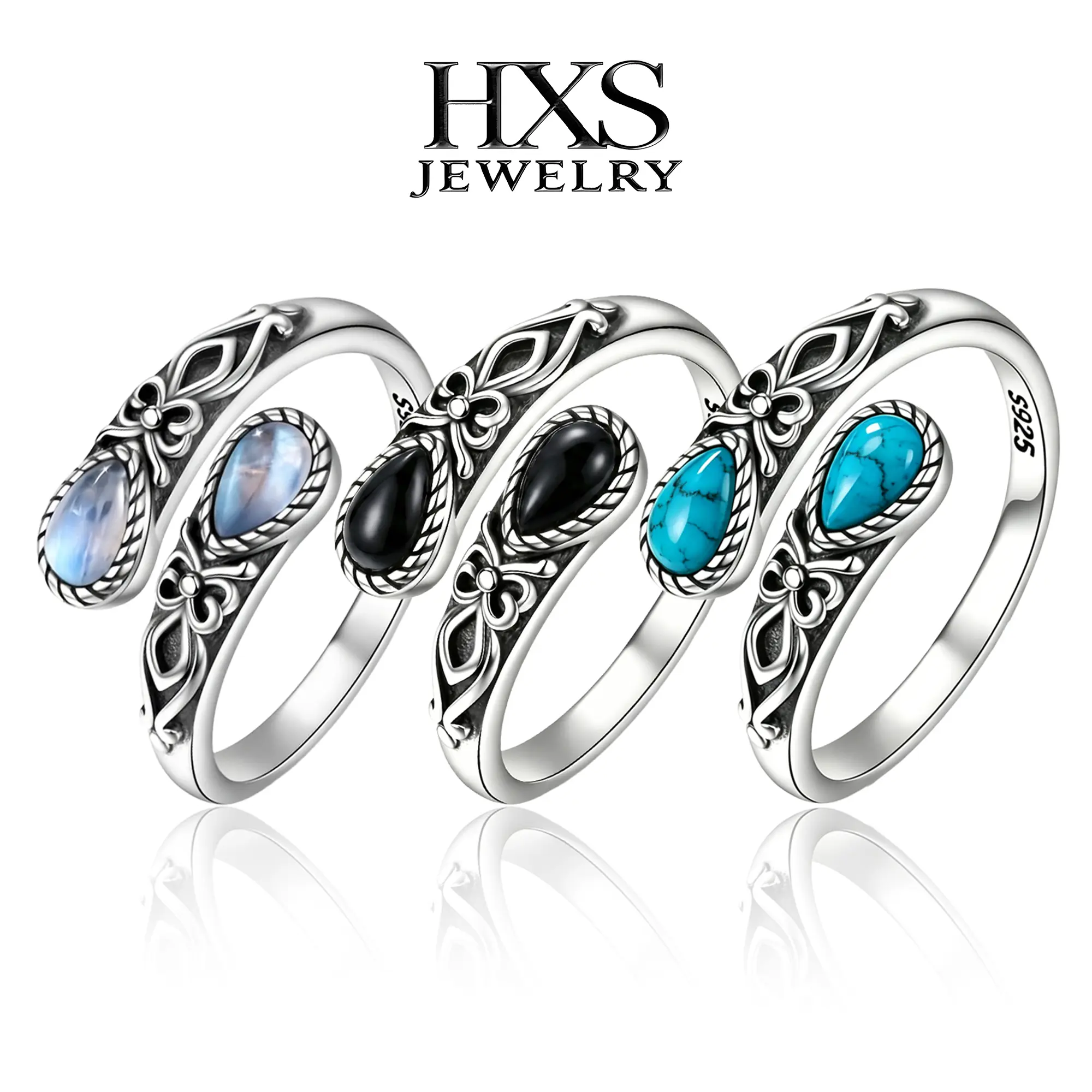 S925 Sterling Silver Teardrop Bypass Ring - Unisex Vintage Inspired Gothic Jewelry, Moonstone/Turquoise/Deep Mysterious Black Stones, Nickel-Free Hypoallergenic, Adjustable Butterfly Thumb Open Loop, One Size Fits All Daily Accessory