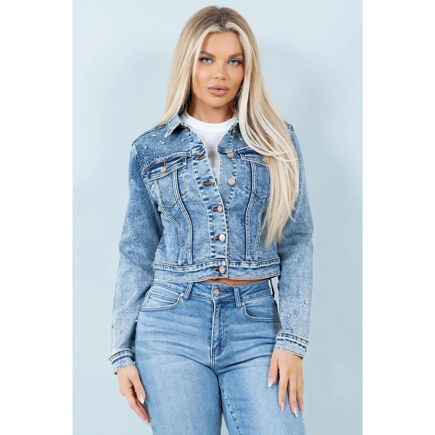 Embellished Denim Jacket with Rhinestone Detail – Acid Blue