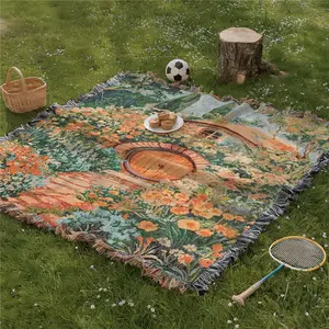 Multi Purpose Picnic Mat Yarn Woven with Tassel, Cabin Pattern, Soft and Breathable, Outdoor Picnic Blanket, Suitable for Travel Camping Lawns, Indoor Decoration, Machine Washed, Used As Bed Blanket, Sofa Towel, Tablecloth, Tapestry, Camping Accessories