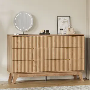 FUSOU 47.2" Fluted Dresser with 7 Drawers, Modern Chest of Drawers with Large Waterproof Top, Wooden Dresser TV Stand, Long Closet Clothes Storage Organizer for Bedroom Living Room, Oak