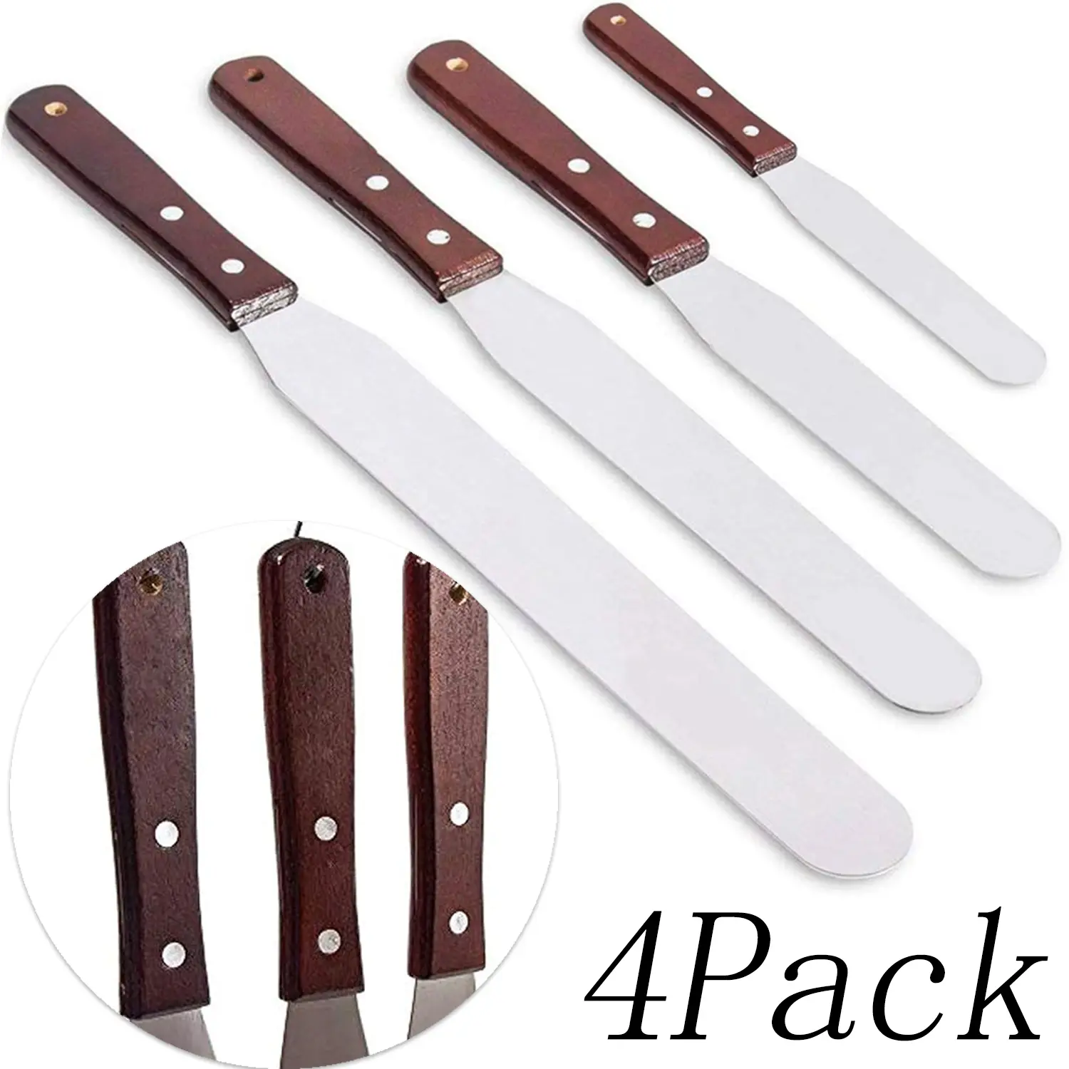 Professional Stainless Steel Rust-Resistant Durable Kitchen Cake Icing Spatula Set (4-Pack, 4/6/8/10in Straight, Wooden Handle with Hanging Hole) - Flexible Frosting Tools for Christmas Cake Decorating, Ideal Gift for Bakers