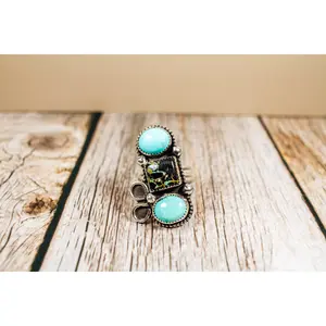 Handmade Kingman Turquoise and Black Jack Turquoise Sterling Silver Ring Size 7.5