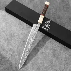 YUANREN 12" Pointed Tip Yanagiba 1-Sided Sashimi Knife D7A Stainless Steel Damascus 67 Layers Kataba (Chisel Ground / Single Bevel) Urasuki (Concave Grind / Curved Side) Red Burled Stabilized Wooden Handle Creamy White Pearl-Like Finish Cap and Base