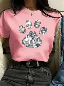 Women's Paw Print Round Neck Tee, Fashion Casual Short Sleeve T-Shirt for Daily Wear, Ladies Summer Clothes