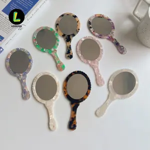 Retro Texture Handheld Mirror Acetate Plate Mirror Portable Mirror Fashion Retro Geometric Small Round Mirror Handheld Makeup Mirror with Handle