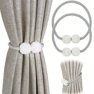 2-Pack Magnetic Curtain Hooks with Artificial Pearls, No Drilling Required, Strong Magnetic Braided Rope, Ideal for Home Decor