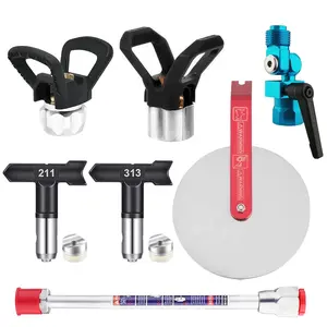6-Piece Airless Paint Sprayer Accessory Kit -- 2 x reversible black tips with gaskets (211, 313) + 2 x tip guards + 1 set of painting shields + 1 x 20 cm (7.874 inch) extension rod. Suitable for airless paint sprayers, airless spray gun accessories.