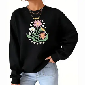 Trendy Cottagecore Garden Sweatshirt – Black with Pastel Floral and Daisy Prints