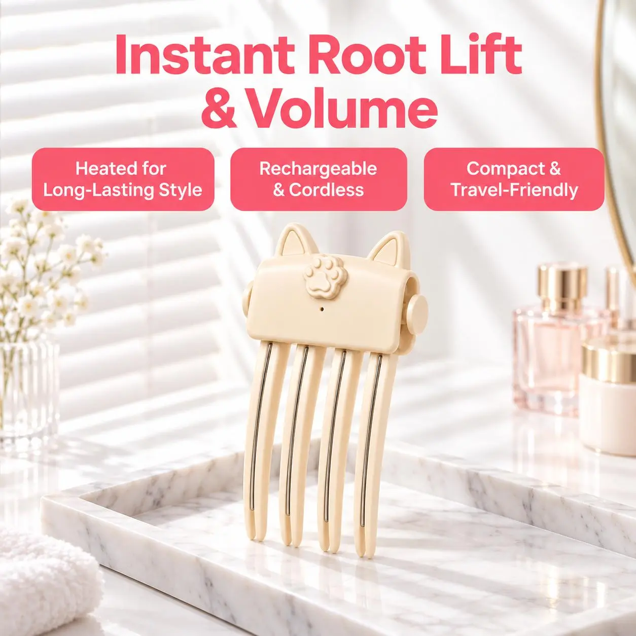 Cat Ear High Crown Volumizer, Heated Root Volumizer Hair Comb, USB-C Rechargeable Cordless Root Lifter, 2 Temperature Settings for Fine Flat Hair, Quick Volume Bangs Styling Tool for Women