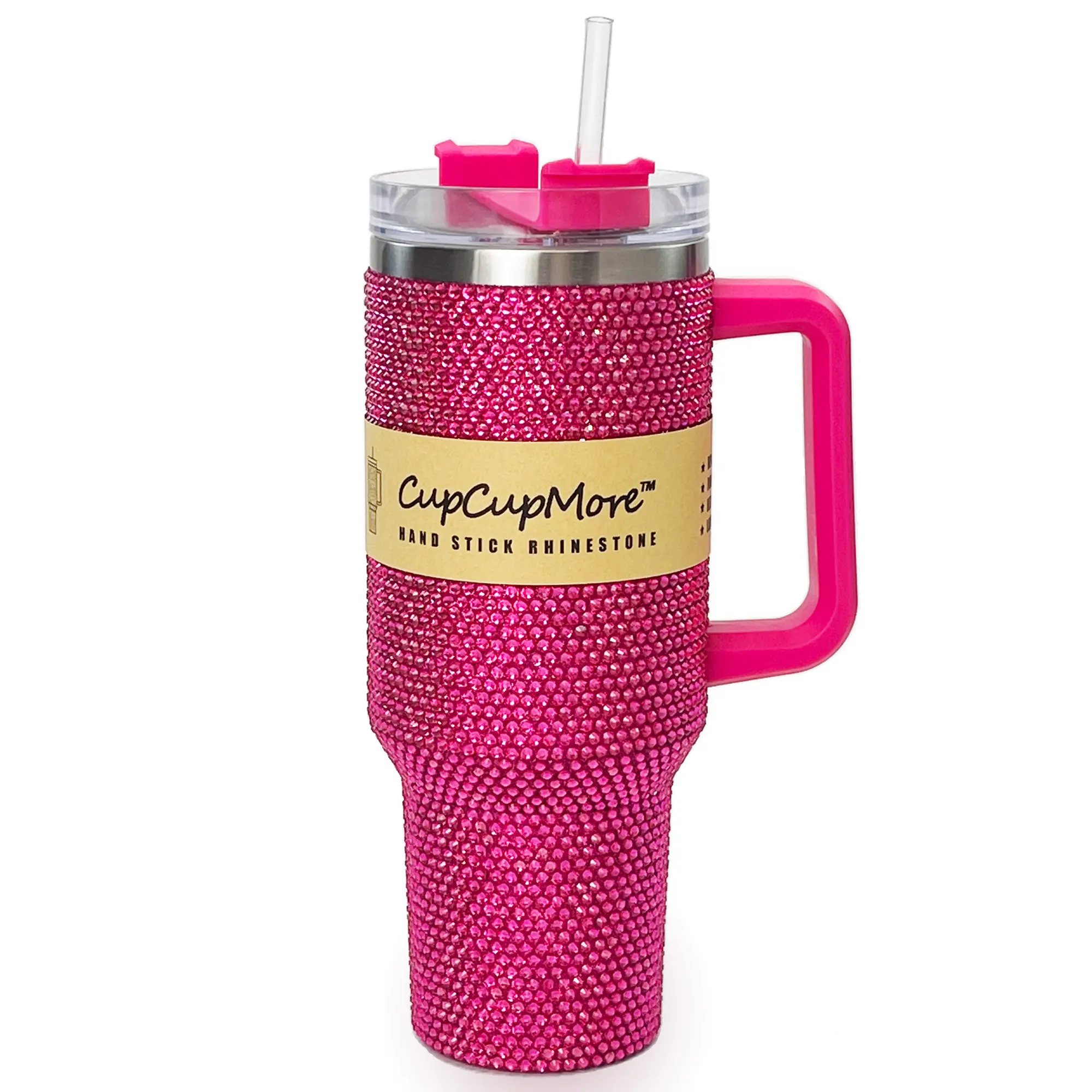 Cupcupmore 40 oz Stylish Rosy Bling Rhinestone Stainless Steel Sippy Tumbler Flask - Double Wall Insulated Vacuum Thermal Water Bottle, Insulated Travel Drinkware with Straw, Lid, Handle, Sparkle Car Cup Holder (Keeps Cold 12 Hrs for Drinks, Coffee)