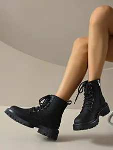 New Women's Thick Sole Motorcycle Boots Work Ankle Boots, Fall Winter Fashion, Light, Side Zipper Round Toe Flat Lace-Up Short Boot