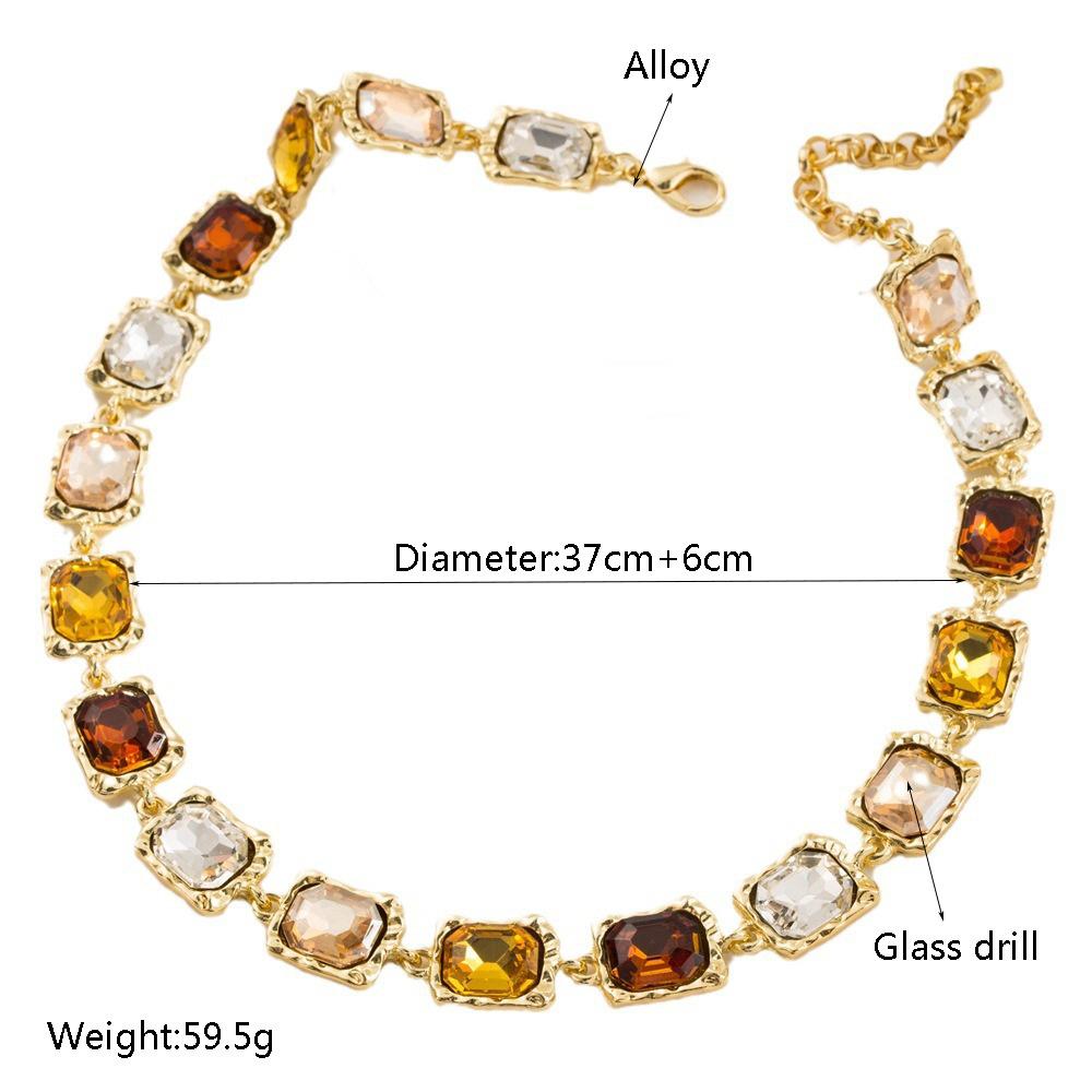 French Vintage Colorful Crystal Geometric Necklace Earrings Set, Luxury Palace Style Gemstone Clavicle Chain Jewelry for Women