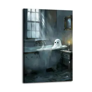 Ghost in The Bathtub Pattern Artistic Wall Decor, Waterproof Canvas Poster, Cute And Vibrant Poster for Bathroom, Living Room, Bedroom, Dorm, A Perfect Gift Idea for New Year Home Decor