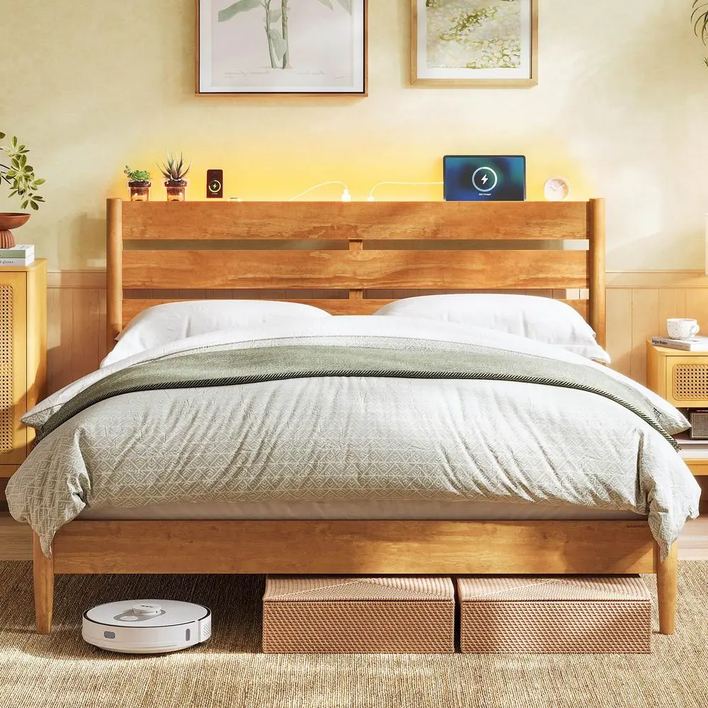 SONGMICS Mid-Century Modern Platform Bed Frame with Solid Wood Legs, Slats, Headboard, LED Lights, Charging Station, No Box Spring Needed, Bedroom Furniture Headboard