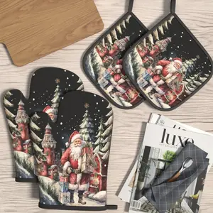 4pcs Heat Resistant Oven Mitts And Potholders Christmas Santa Winter Oven Mitts And Pot Holders Sets Suitable For Kitchen Decoration, Cooking, Grilling, Baking And Great Holiday Camping Picnics Gifts