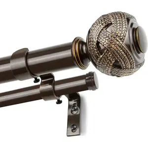 1 Inch Double Curtain Rods 72 to 144 Inches (6 to 12 ft), Bronze Telescoping Dual Drapery Rods for Windows 69 to 140 Inches With Woven Leaf Finials