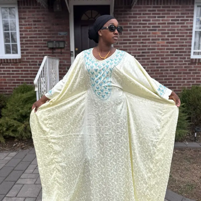 Luxe Satin Abaya - Pale Yellow/ Green Stones