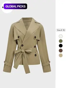 Trendy Lady Solid Color Lapel Double Breasted Long Sleeve Trench Coat, Jackets