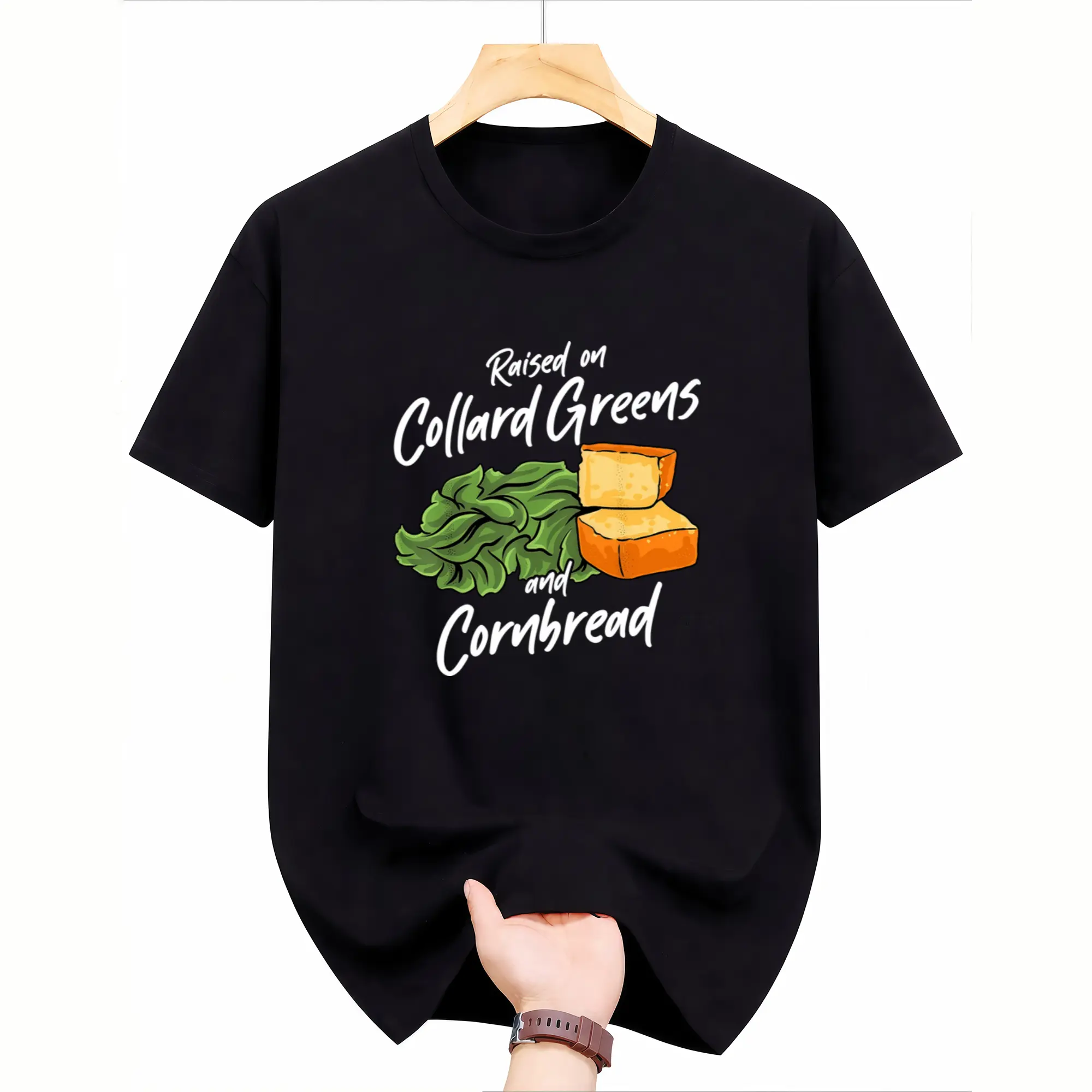 Men's and Women's Southern Food Kale and Cornbread T-shirt - 220g Heavy Retro Style T-shirt, Printed with Southern Food Patterns, Casual Round Neck Design, Suitable for Barbecue, Picnic and Daily Wear Menswear Top