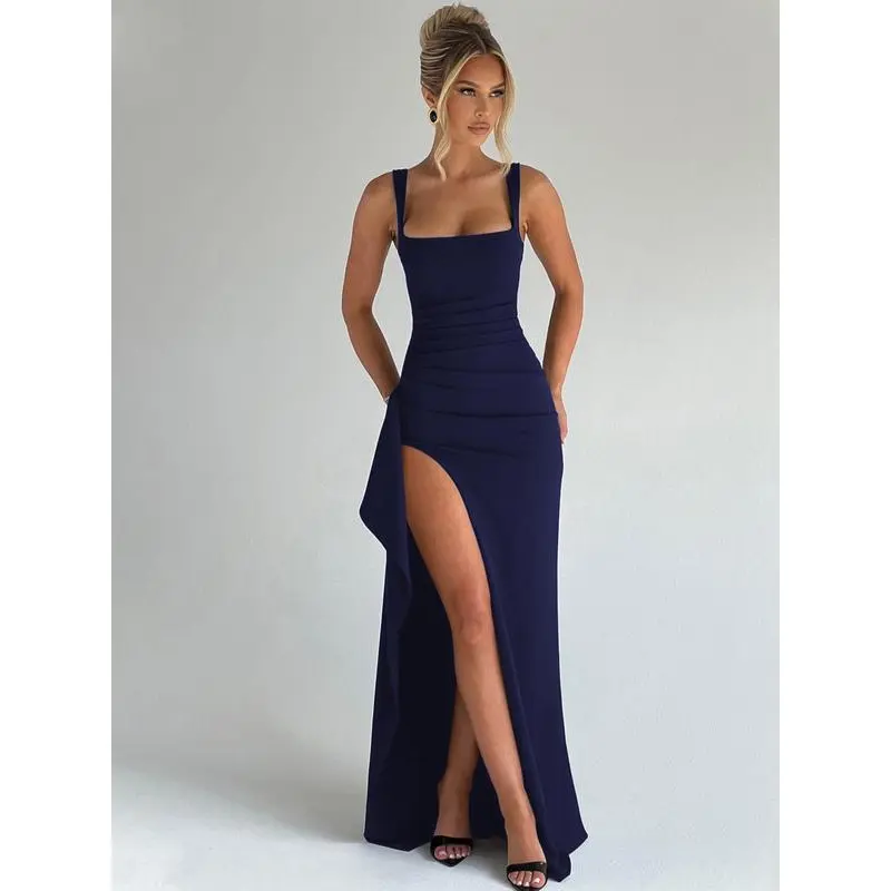 Women's Solid Color Ruched Side High Split Sleeveless Bodycon Slip Dress, Sexy Backless Slit Square Neck Plain Slim-fitting Formal Dress, Party Club Date Evening Gown Full Dress, Ladies Summer All Seasons Elegant Women's Solid Color Ruched Side High Split Sleeveless Bodycon Slip Dress, Sexy Backless Slit Square Neck Plain Slim-fitting Formal Dress, Party Club Date Evening Gown Full Dress, Ladies Summer All Seasons Elegant