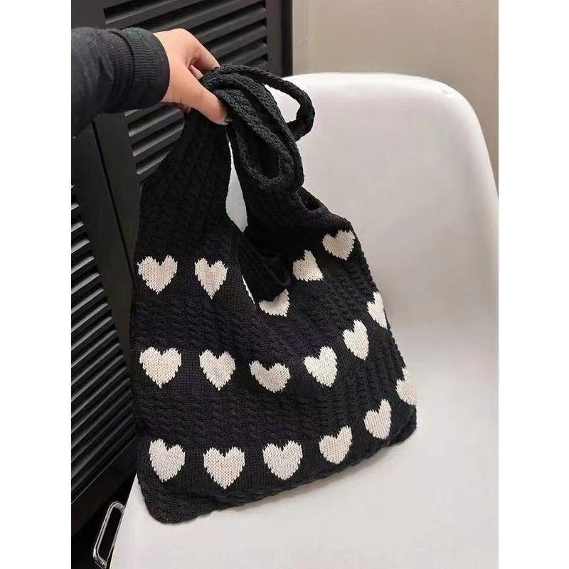 Fashionable Women's Handbags, Love Heart Pattern Crochet Shoulder Bags, Soft Knitted Handbags with Sweet Weaving Details, Daily Casual Accessories, Perfect for Dating, Shopping and Traveling