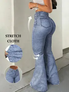 Women's High-Waisted Flare Jeans with Pockets, Casual Y2K Style, Elegant Comfortable Fashion Pants, All-Season Mid-Waist Button Fly