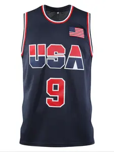 Men's 9 Blue Embroidered Basketball Jersey, Casual Short Sleeve Vest, Fitted Letter Pattern, Long H-Type Silhouette, Sportswear