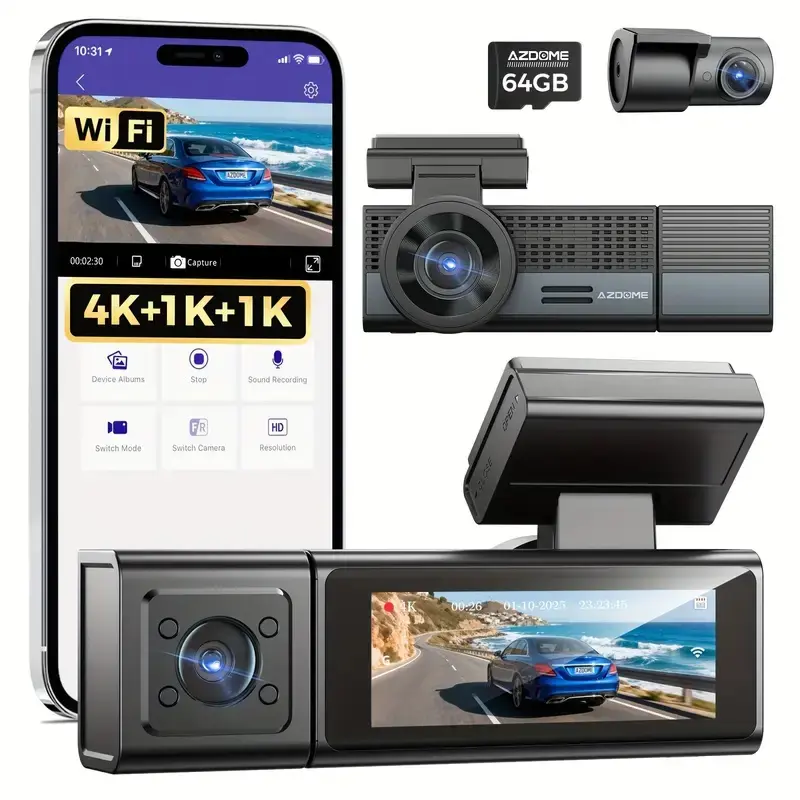 AZDOME M500 3 Channel Dash Cam, 4K+1080P+1080P Front and Rear Inside Camera, Super Night Vision, Built-in Wi-Fi, Voice Control, 24H Parking Mode, Includes 64GB Card, dash camera car
