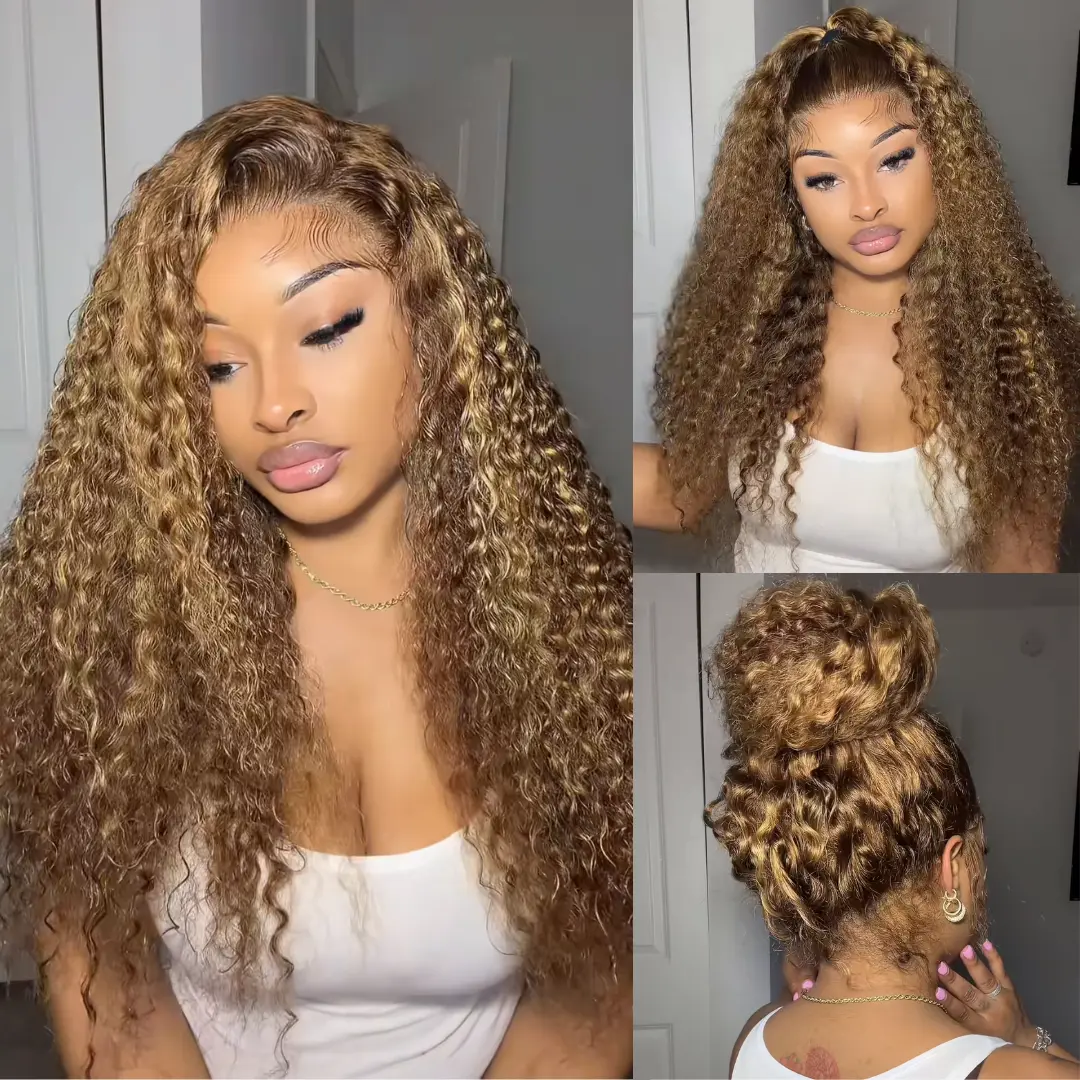 #summerwins 360 Wig P4/27 Honey Blonde Highlight Ombre Color Kisslove Invisi-Strap 360 Skin Lace Wig Water Wave Glueless Human Hair Pre Plucked Human Hair Natural Wavy Wig