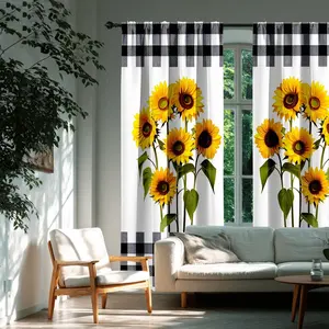 2pc modern kitchen curtain/door curtain, Home decoration curtain, with sunflower print and digital grid design, a perfect gift for friends, suitable for dormitories, bedrooms, living rooms, kitchens, dining rooms, and other home décor