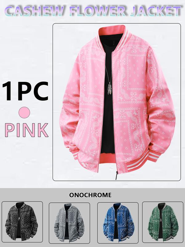 Men's Casual Cashew Flower Varsity Jacket, Vintage Lightweight Bomber Baseball Collar Jackets, Classic Fabric, Men's Fashion Stylish, Men's jackets, Streetwear, Men's Clothing Halloween Gifts
