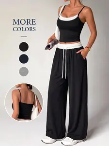 2 Piece Women’s Casual Outfit Cami Top and Contrast Waistband Drawstring Wide Leg Pants with Pockets Soft Elastic Fabric Sport  Outfit Outdoor All Season Wear