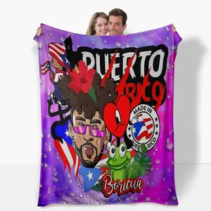 Puerto Rico Digital Print Flannel Blanket, Boricua Theme w/ Hibiscus, Cute Frog, Cartoon Kid, PR Flag Motif & Made in Puerto Rico Badge, Anti-Pilling, Ultra Soft, Multi-Size, All-Season, Perfect for Gifting & Decoration