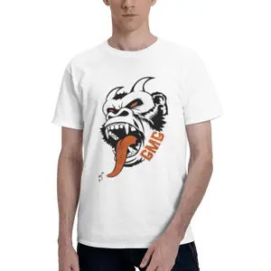 Monkey Tee Angry Demon Gorilla Head Illustration, GMG Orange Text On Tongue, Bold Black And White Line Art, Red Glowing Eyes, Horned Monster Ape, White T-Shirt Print, Edgy Streetwear Graphic, Aggressive Beast Mascot Design