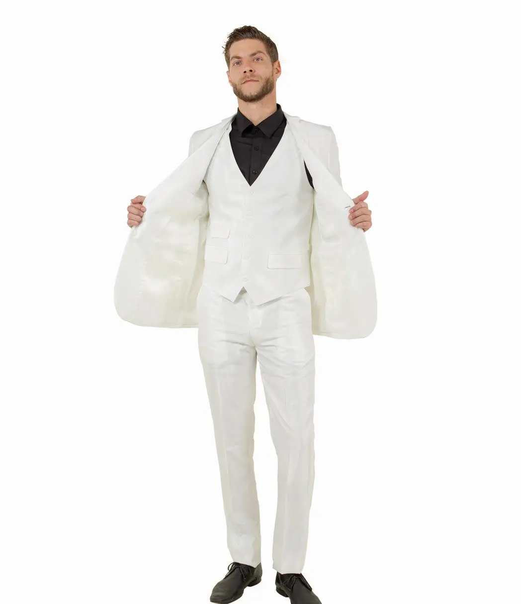 Sharkskin 3-Piece Slim Fit Suit with Five-Button Vest - Ivory
