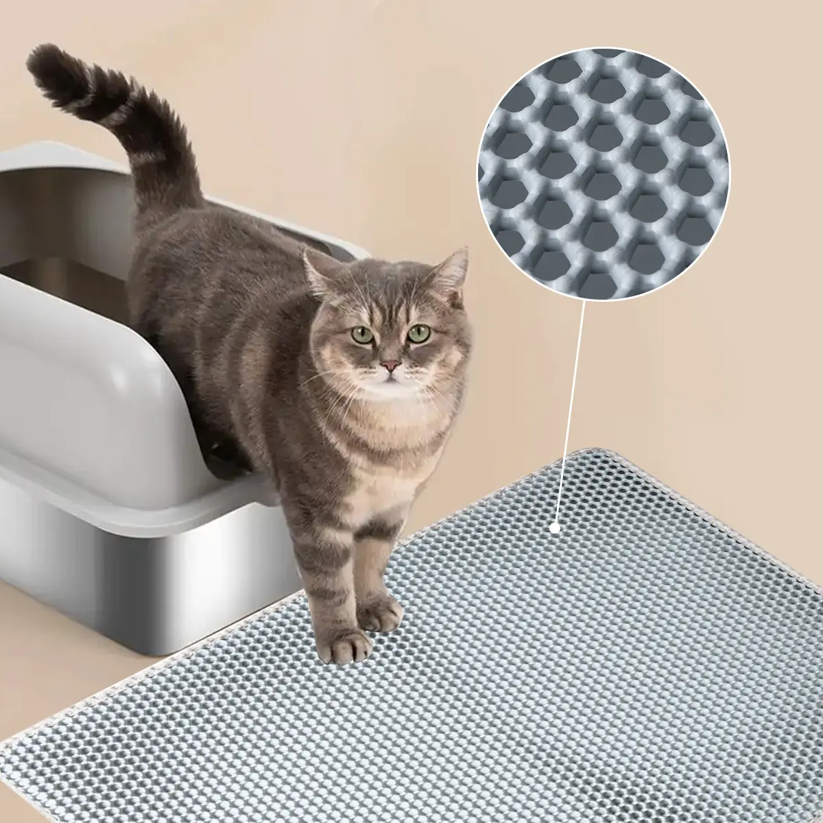 Gray EVA Cat Litter Mat (24"×35") - EZ Open Honeycomb Double Layer, Universal Fit, Waterproof, Anti-Tracking, Urine Proof, Scatter Control, Less Waste, Easy To Clean, Non Slip, Scratch-Resistant, Sturdy Daily Use Kitty Mat with 24-Month Durability, Durabl