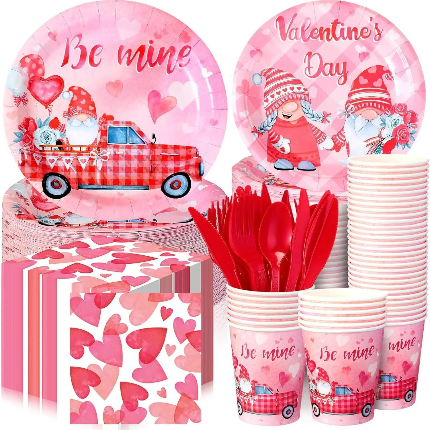 240-Piece Red Gnome Themed Valentine's Day Party Supplies Set - Multi-Size Recyclable Paper Hearts Dinner Dessert Plates, Napkins, 9 oz Disposable Cups, Plastic Forks
