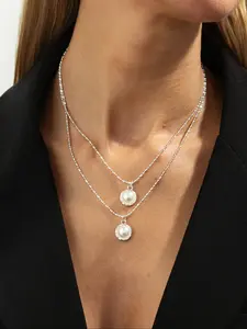 Boho Two-Layer Faux Pearl Diamond Pendant Necklace, Elegant Fashion Jewelry for Women, Daily Wear Party Gift, Dangling Pearl Necklace